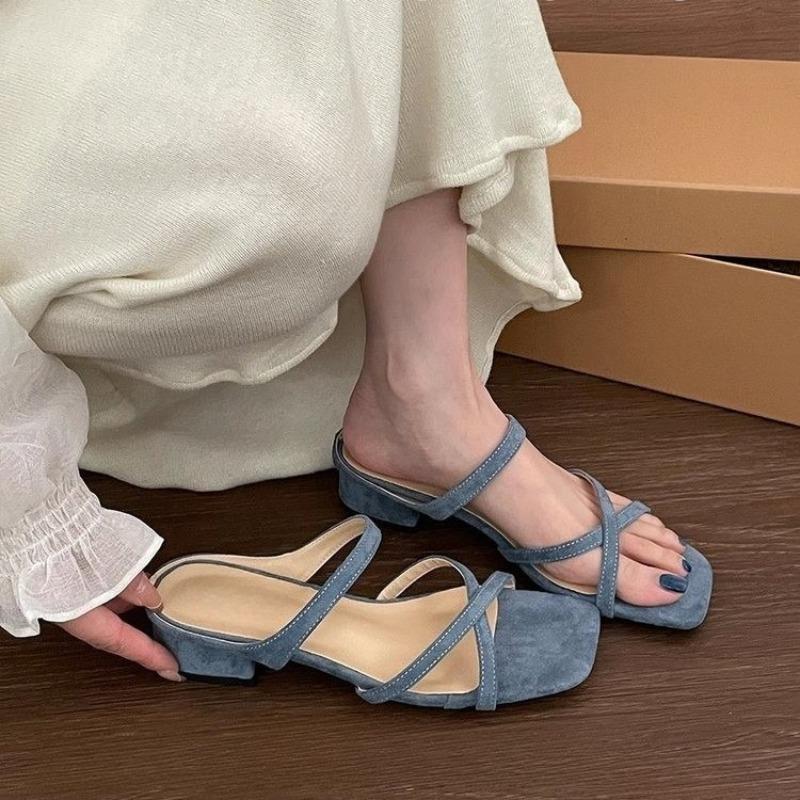 

Fashion Block Heel Crossover with Sandals and Slippers Fairy Shoes Outside Wear 2025 Summer New Square Toe Suede Open Toe Roman Sandals 39 синий
