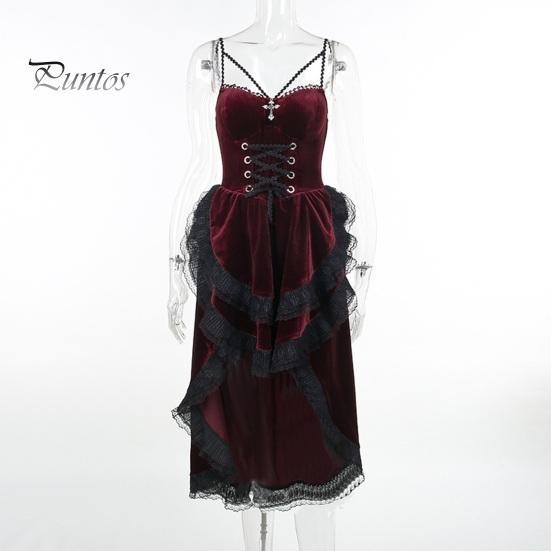 Women Cosplay Dress Dark Style Halloween Party Costume Lace Patchwork Irregular Hem Sleeveless Tight Waist Ruffles Adjustable Waistline Straps