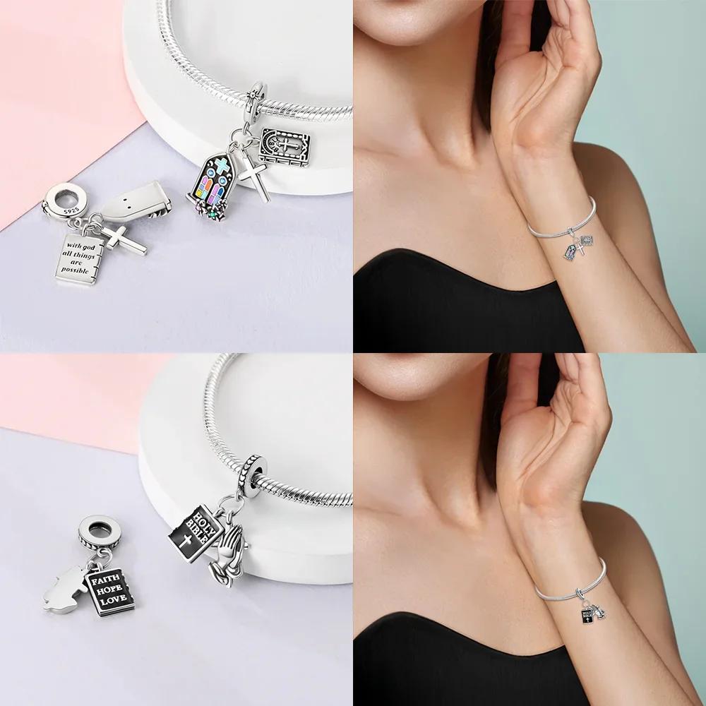 Original Charms Blue Cross Religious Winged Angel Gold Beads Fit Bracelet Copper Women Diy Fine Gift Accessory Set