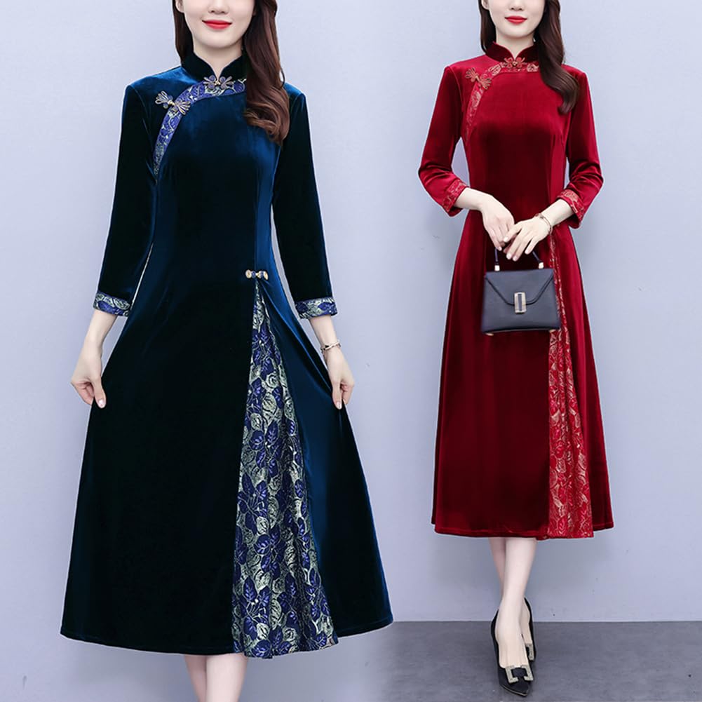 NEZIH Long Sleeve Flared Plus Size Size Dress, Autumn/Winter, High-Waisted, Chinese-Style Dress, Docking, Feminine, Beautiful, (Blue, 6)