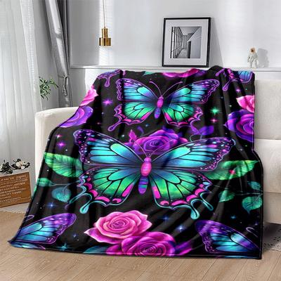 1pc Butterfly Printing Lightweight Flannel Blanket, Comfortable and Warm Blanket, for Camping Sofa Bed and Couch Office, Suitable for Gift Bl