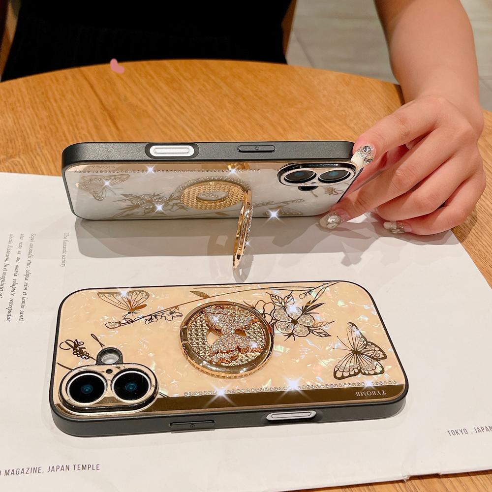 KEYSION Luxuxy Case for iPhone 16 Plus 16 Pro Max Butterfly Ring Stand Shockproof Phone Back Cover for iPhone 13 14 15 Pro Max