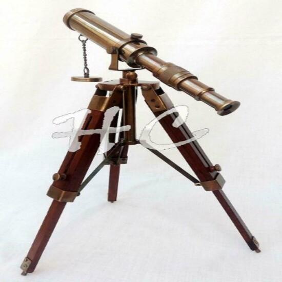 Brass Telescope With Wooden Tripod Stand Maritime Nautical Vintage Desk Décor