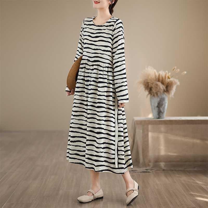 Striped Printed Round Neck Long Sleeve Tie Dress