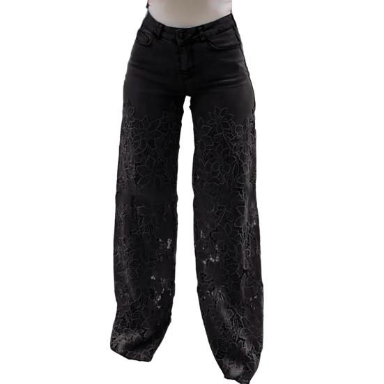 Casual Baggy Wide Leg Denim Pants with Lace Patchwork and Floral Hollow Out Design