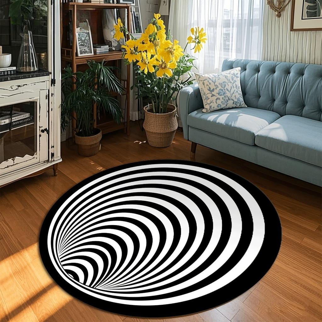 Black and White Spiral Stripe Pattern Round Rug, Non-slip Floor Mat for Living Room, Bedroom, Bathroom, Holiday Home Decoration