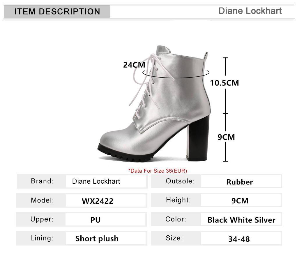 Fashion Fashion Ankle Boots For Women Winter Shoes Block High Heels Lace-up Women's Short Boot Black White Silver Large size 45 46 47 48