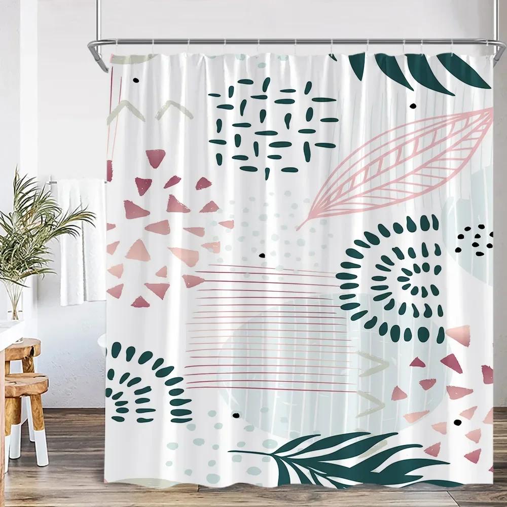 Vintage Abstract Shower Curtain Green Leaf Geometric Nordic Modern Bathtub Decorative Simple Polyester Shower Curtain with Hook