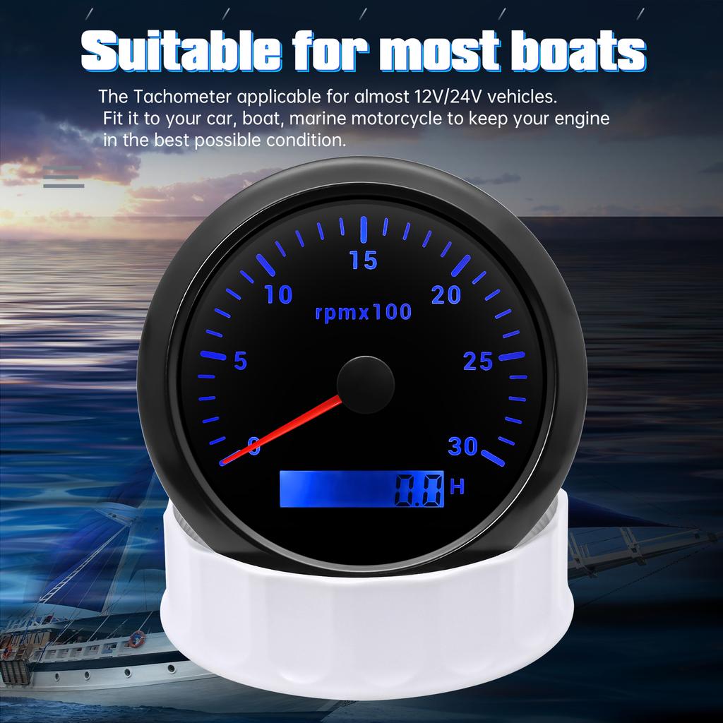 85mm Waterproof Car Boat Tachometer with Tacho Sensor M16/M18 Signal Adapter 3000rpm Speed Guage Motorcycle LCD RPM Meter Tach