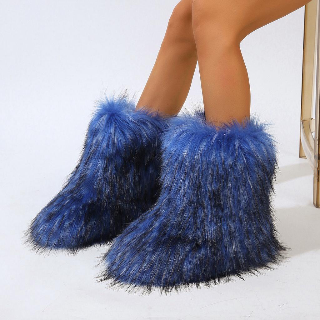 New Winter Faux Fur Boots Women Warm Fluffy Snow Boots Luxury Footwear Female Furry Fox Fur Bottes Fashion Winter Shoes