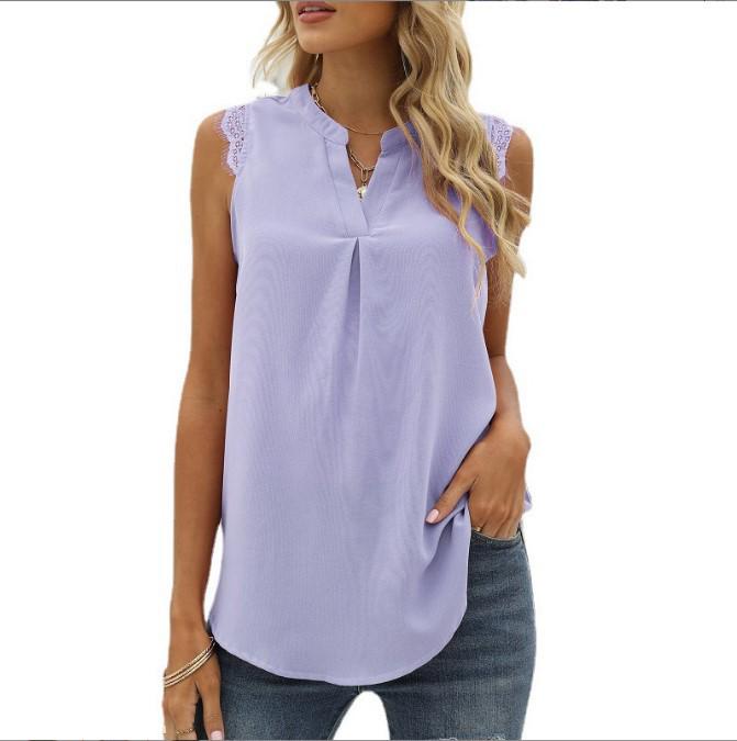 European & American Women's Fashion: Spring/Summer Solid Color V-Neck Sleeveless Shirt with Lace Trim
