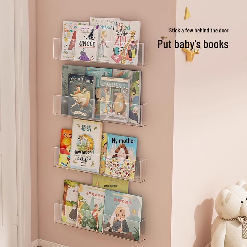 Punch-Free Wall-Mounted Acrylic Bookshelf: Transparent Aisle Door Rear Shelf for Children's Picture Books