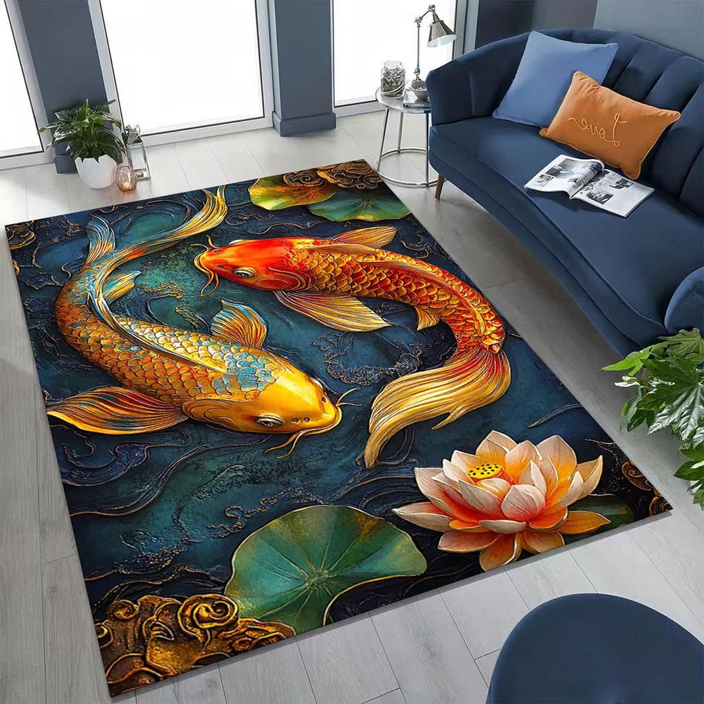 Luxurious Lucky Koi Fish Yin Yang Carp Cartoon Rug for Bedroom Living Room Sofa Home Doormat Decor,Large Kids Non-slip Floor Mat