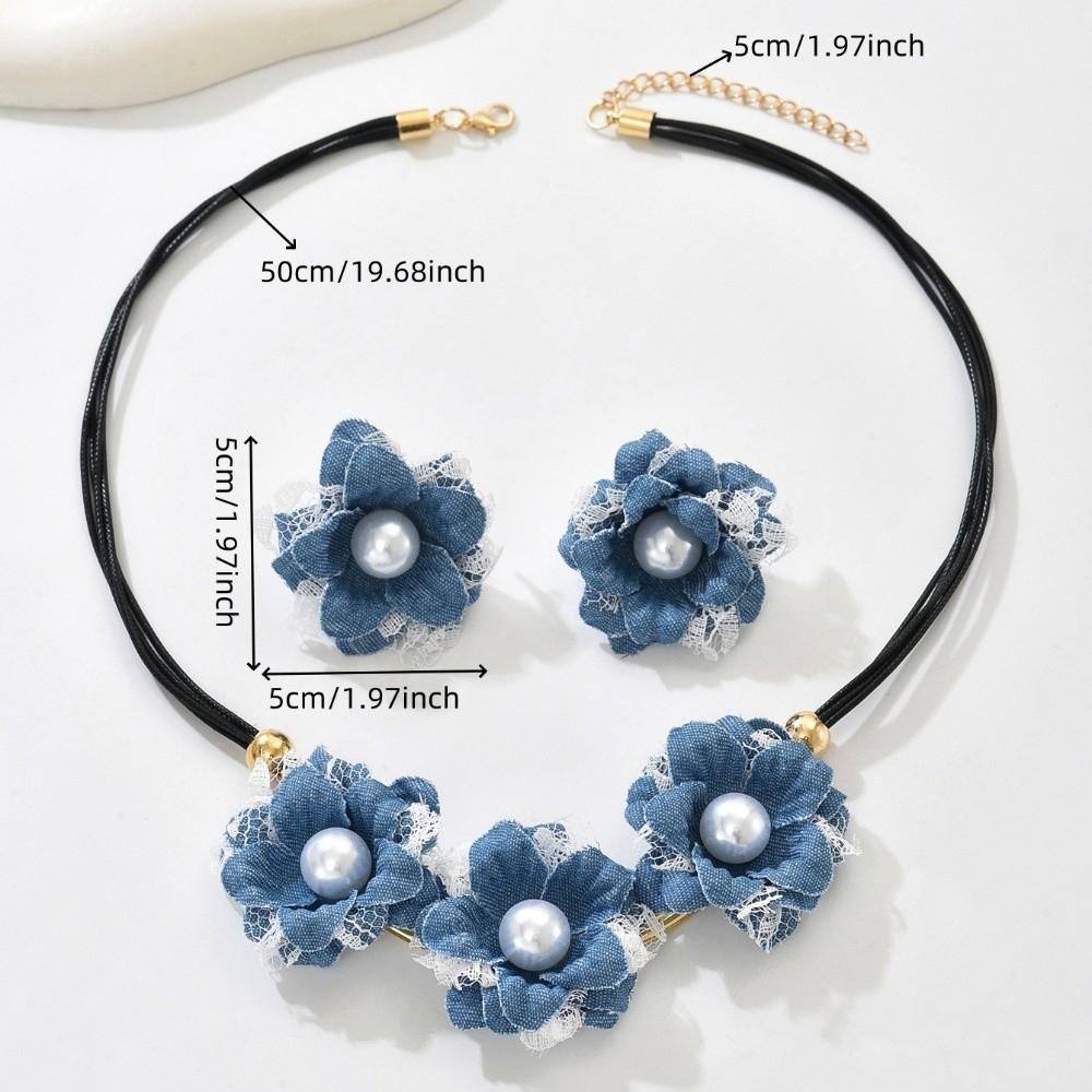 Exquisite Boho Denim Flower Earrings Imitation Pearl Vintage Style Denim Set Daily Wear Gift Jewelry Sets Women