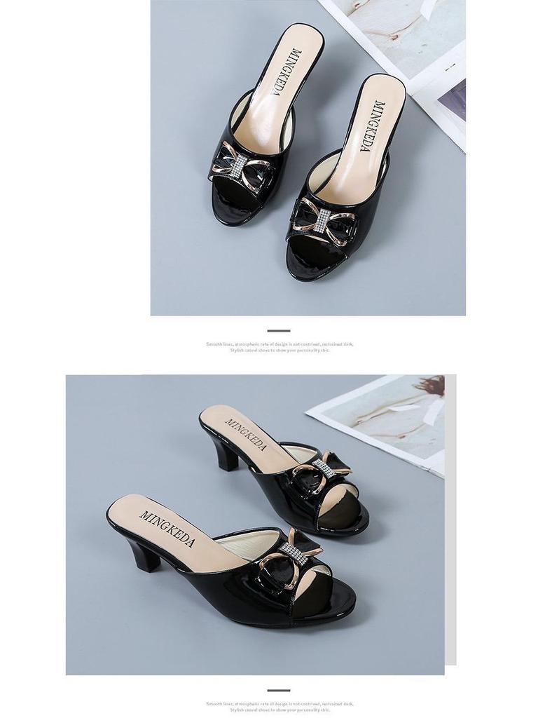 2022 Summer Mid-Heel Peep-Toe Bow Strap Stiletto Slippers for Women - Plus Size Available
