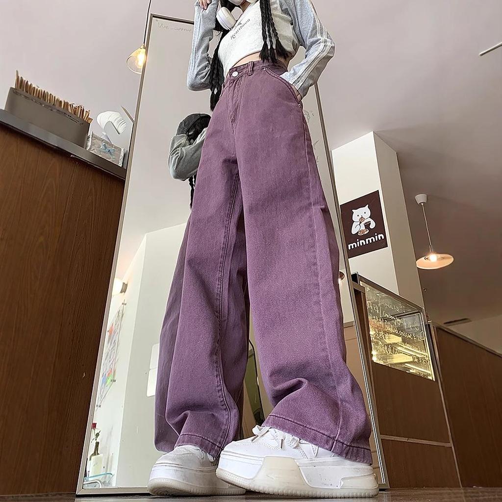 2025 Spring Women's High-Waisted Purple Wide-Leg Denim Pants - Trendy Casual Floor-Length Style