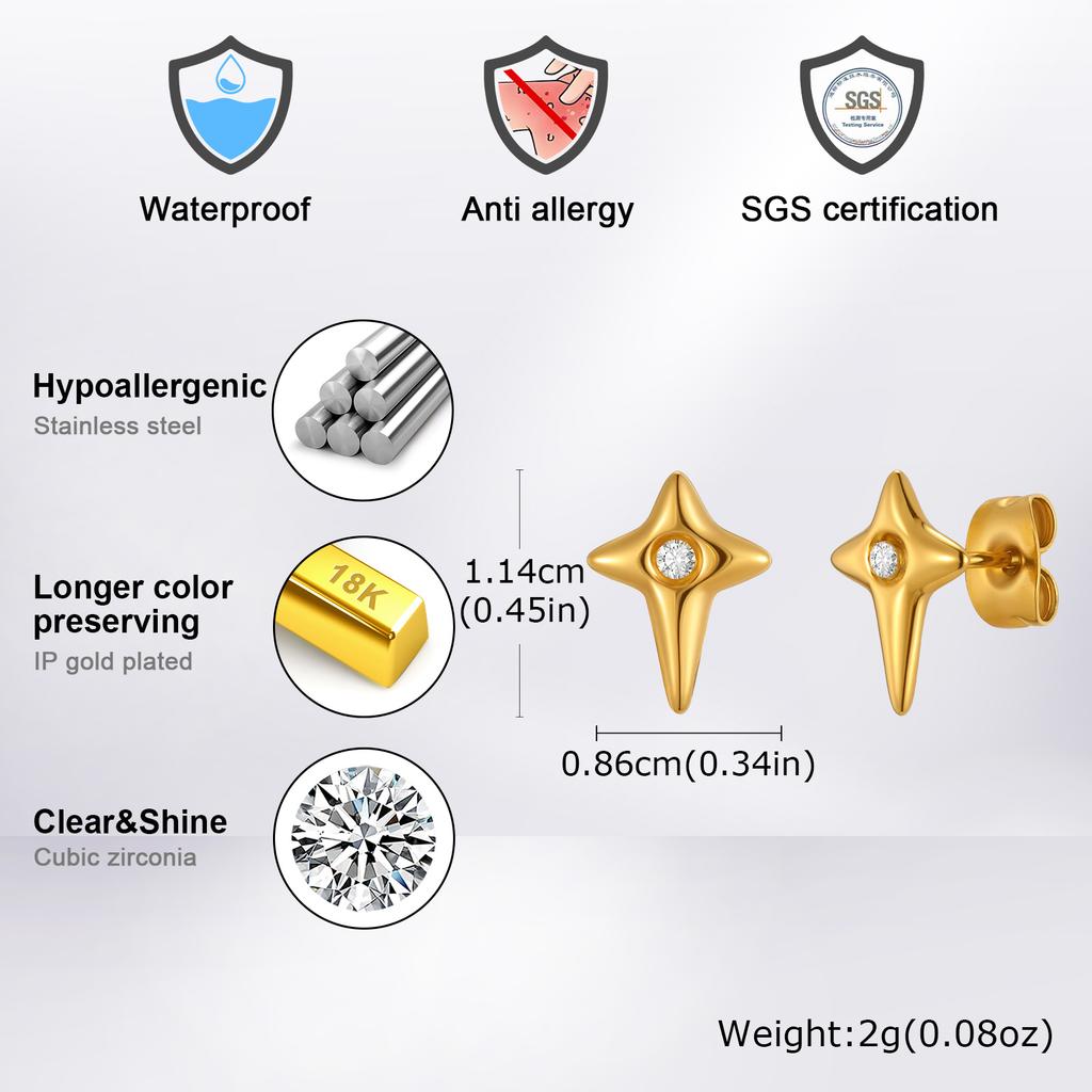 Fashion Hip Hop Cubic Zircon Star Small Stud Earrings for Men Simple Stainless Steel Pierced Earrings Hypoallergenic Jewelry