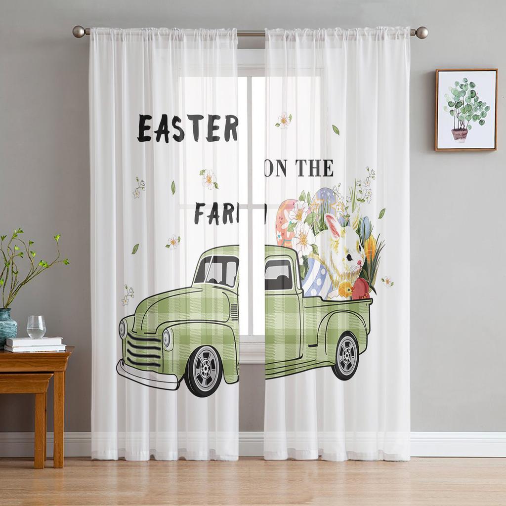 Easter Spring Colored Egg Bunny Sheer Tulle Window Curtains For Living Room Bedroom Kitchen Veiling Curtain Home Decoration