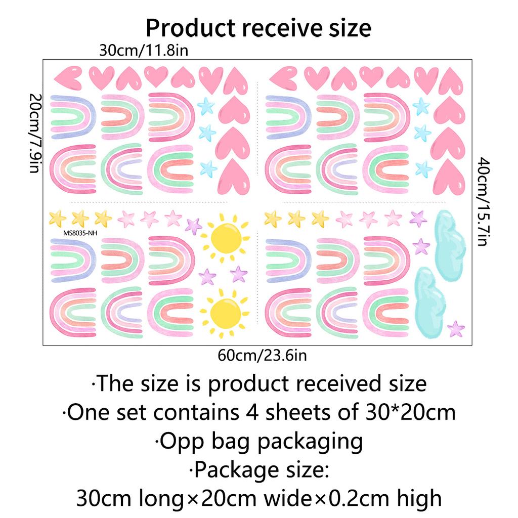4Pcs/Set Rainbow Stars Hearts Wall Stickers for Bedroom Living Room Self Adhesive Removable PVC Decals