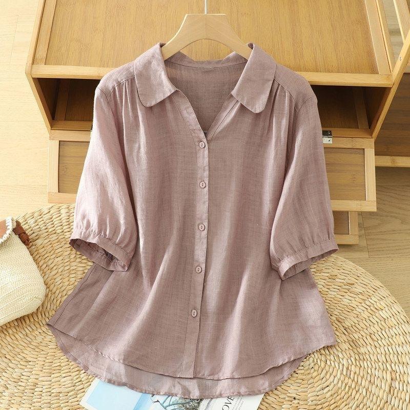 Women S Loose Short Sleeve V Neck Linen Cotton Blend Shirt Summer