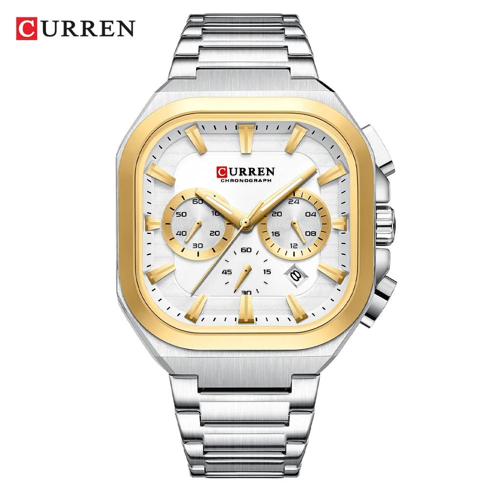 Mens Square Chronograph Watches Stainless Steel Wrist Watch with Date Luminous Hands Waterproof