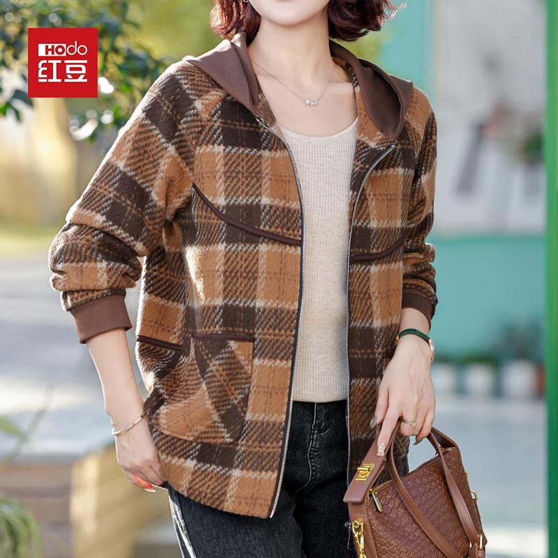 Women's Plaid Hooded Wool-Blend Zipper Jacket