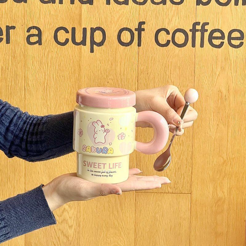 Cute Girl Cherry Blossom Rabbit Cup High-looking Ceramic Mug with Lid Spoon Office Breakfast Coffee Cup