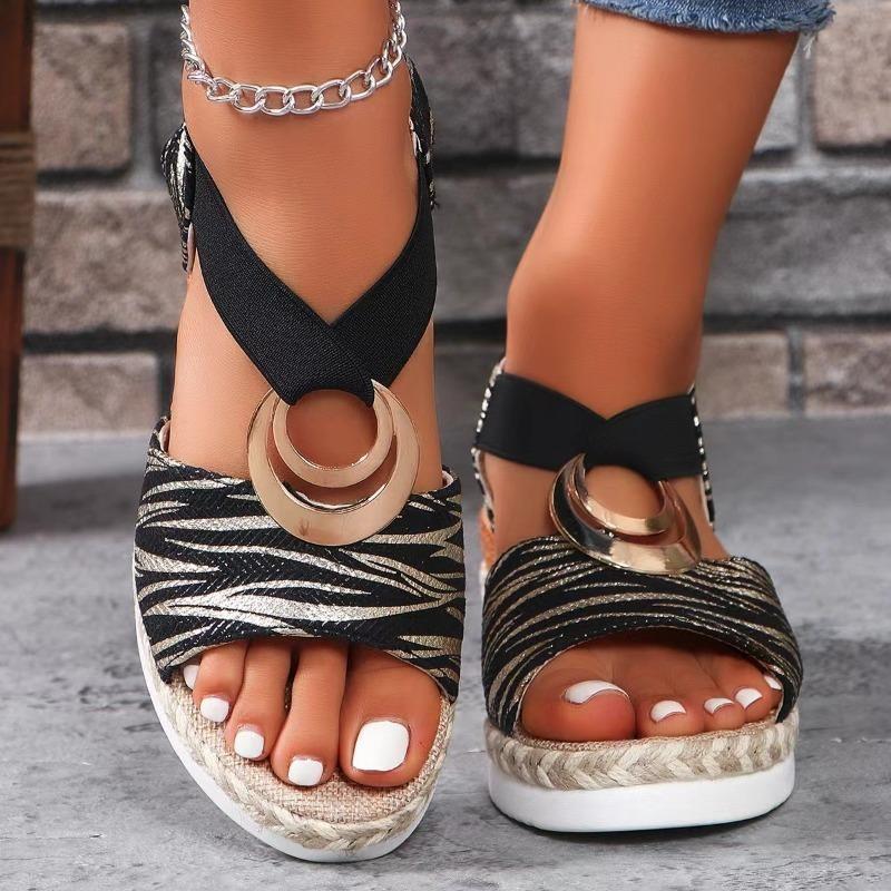 Women's Wide Width Buckle Wedge Heels - Jute & Elastic Platform Sandals for Summer, Chunky Sole Beach Mules cm rosa