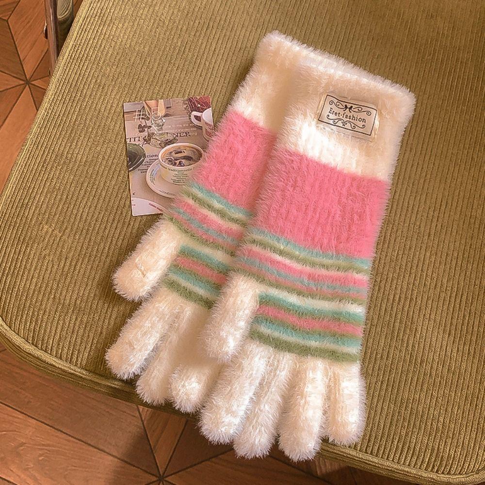 Harajuku Striped Knitted Gloves Rainbow Color Full Fingers Mittens Touchscreen Mittens Winter