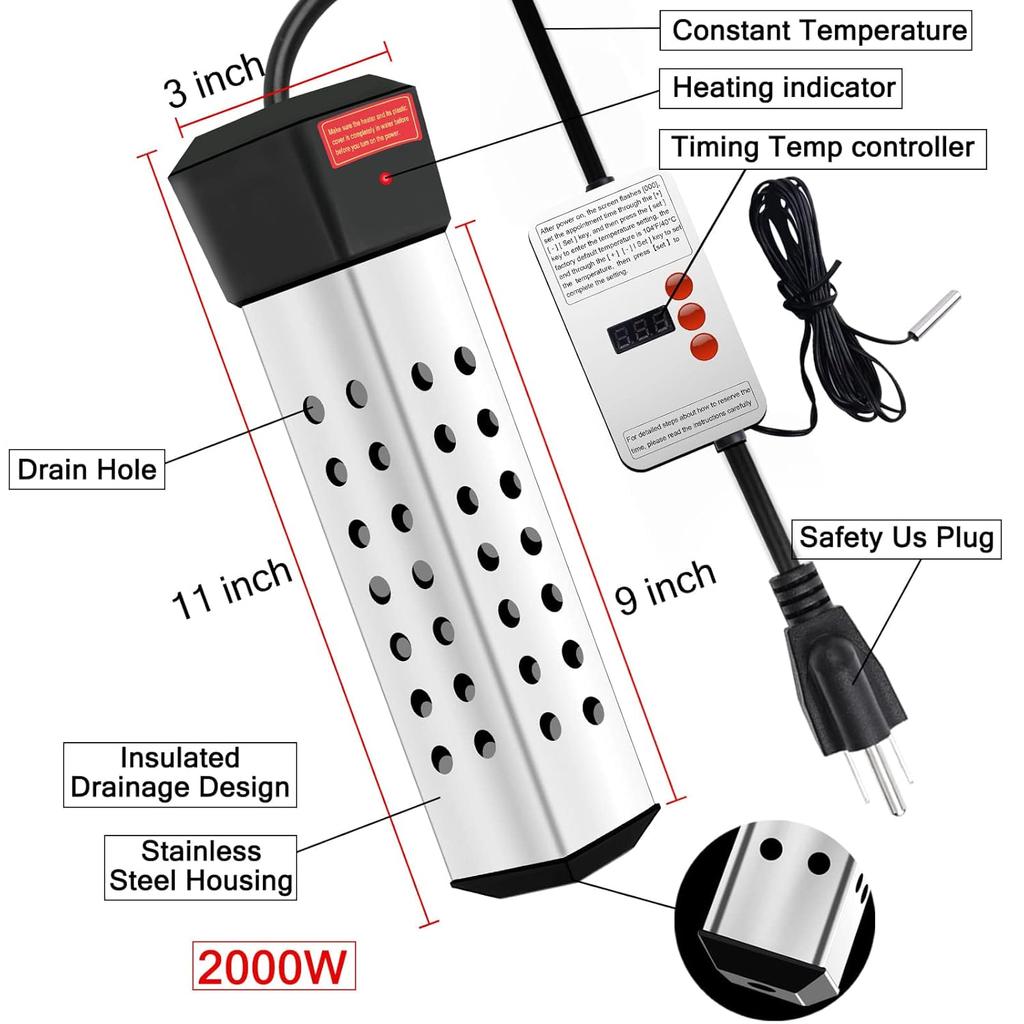 Immersion Water Heater, 2000W Portable Water Heater with LCD Thermostat, 304 Stainless Steel Guard Anti-scalding Water Heater - Heat 5 Gallons Water