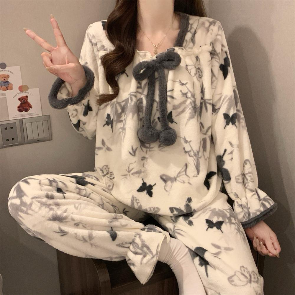 Women Flannel Pajama Set Winter Thick Warm Square Neck Long Sleeve Princess Style Bow Butterfly Casual Loungewear Home Sleepwear