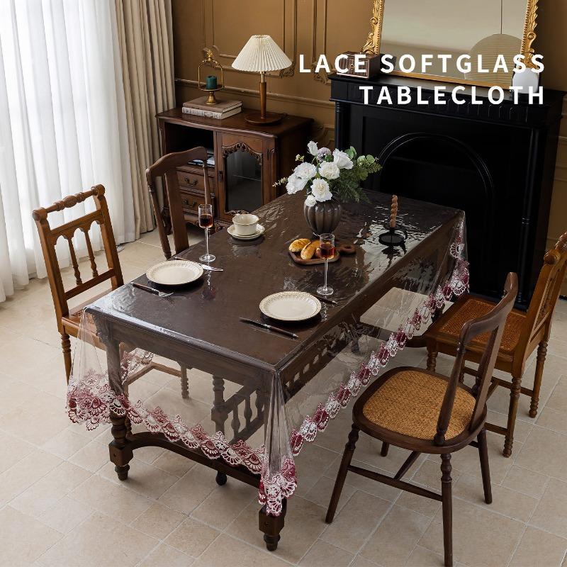 Transparent Soft Glass Dining Table Cloth Embroidered Lace Coffee Tablecloth Square Waterproof Oil Resistant Heat-resistant Table Mat