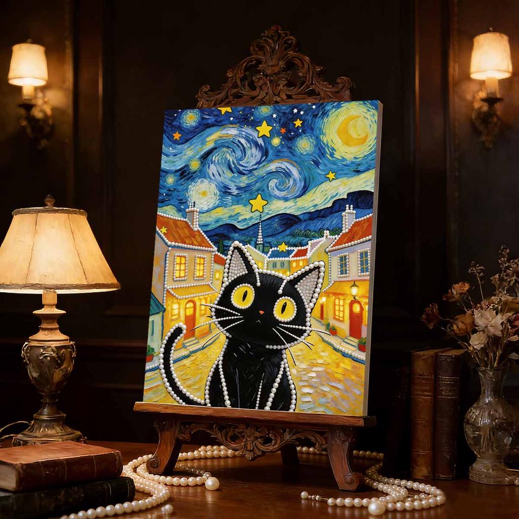 DIY Starry Night Cat Pearl Art Painting for Adults/Beginners Gift Home Decor Pearl Gem Paintings Picture Arts Craft 30x40cm Without Frame