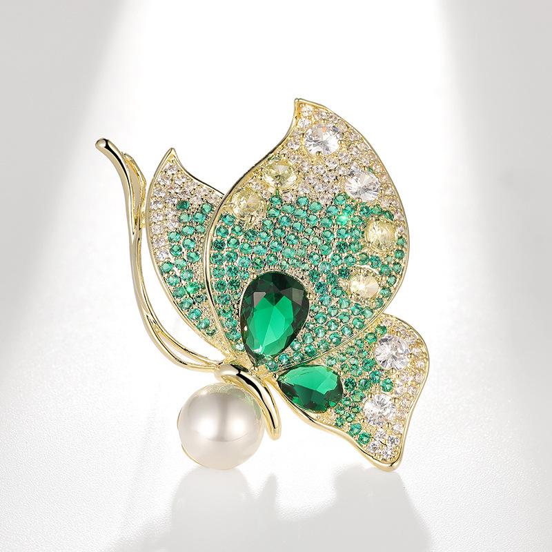 Bo Xin Yun Elegant Green Zircon Butterfly Brooch - Luxury Insect Pin for High-End Clothing
