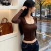 Korean Square Neck Button Long Sleeve Women's Cropped Top - 2025 Autumn/Winter