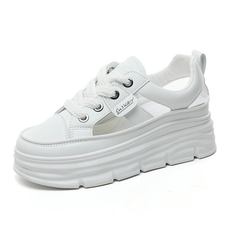 Sandálias Femininas de Verão 2023 Vazadas que Aumentam a Altura – Sapatos Casuais Versáteis Brancos Respiráveis com Solado Grosso