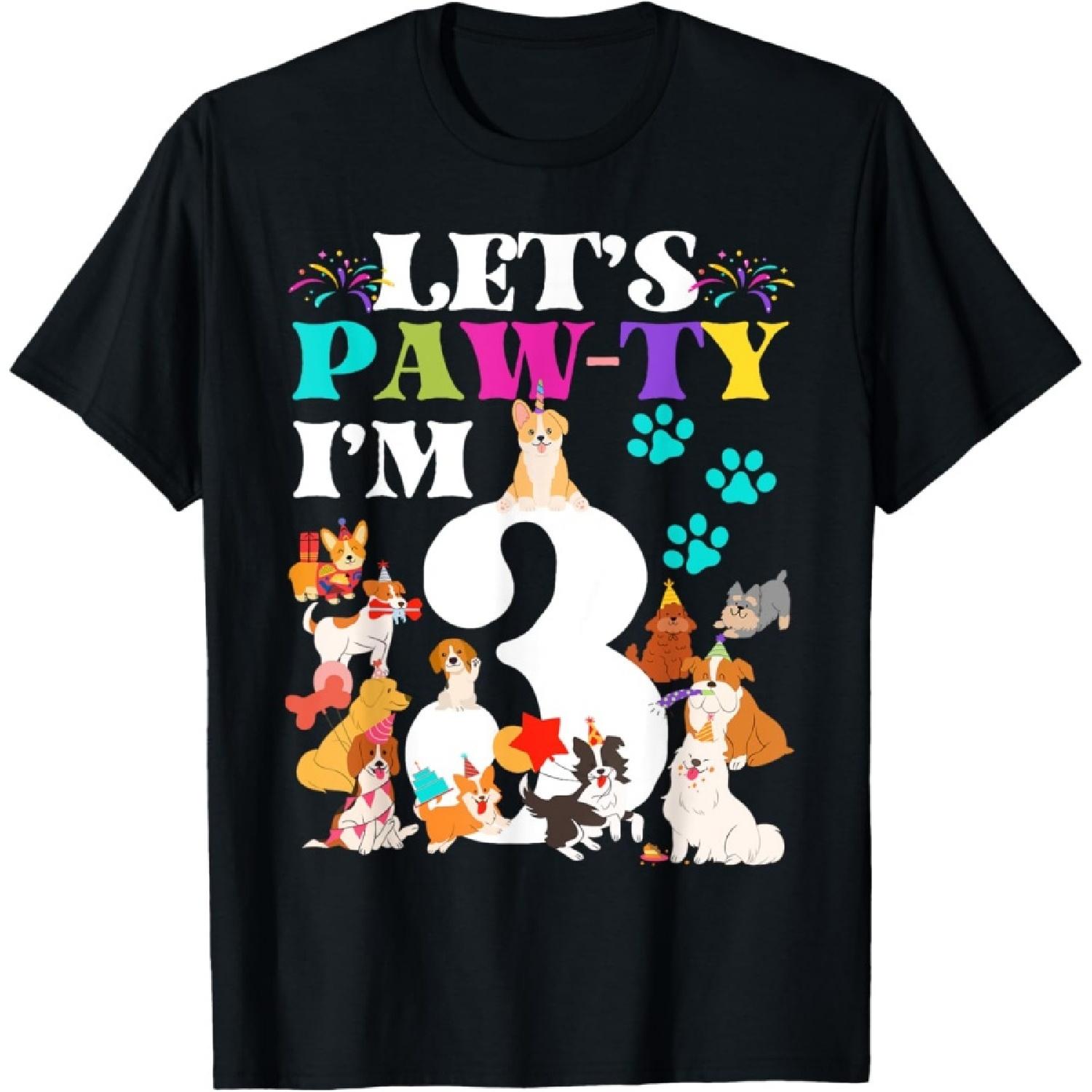 Let s Pawty I m 3 Family Dogs 3 Year Old Birthday Party Kids T-Shirt S