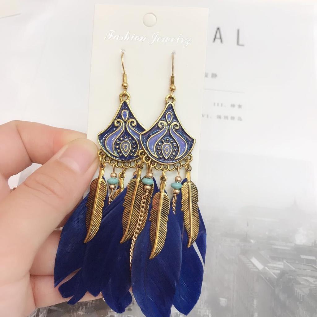 Vintage Bohemian Feather Tassel Earrings Exaggerated Ethnic Vacation Dangle Ear Jewelry Fashion Accessories For Women