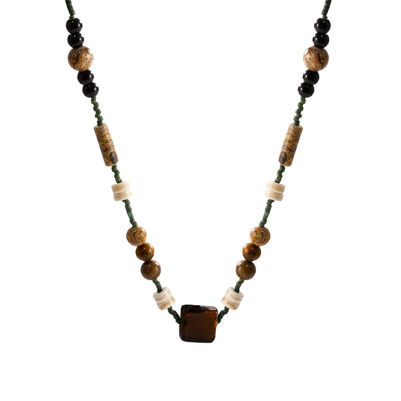 BLINGBAY Damen-Anhänger-Halskette, braune quadratische Perlen-Halskette, Damen-Chinese-Retro-Kunst-Pullover-Kette, Maillard-Accessoires, Schmuck, Geschenke