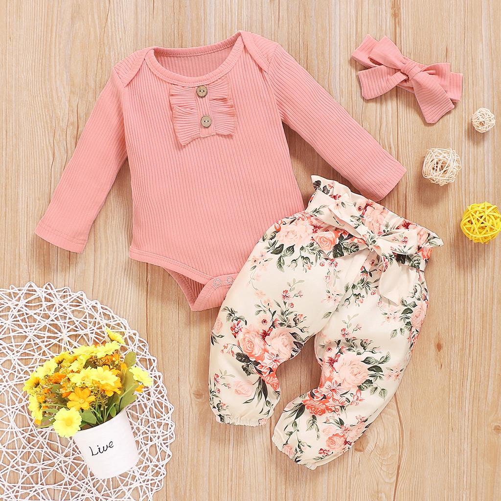 Toddler Baby Girls Long Sleeve Ruffles Romper Bodysuit+Floral Pants Outfits