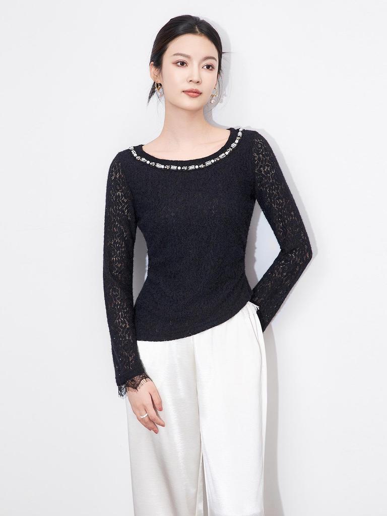 Nanyou Elegantes Französisches Ein-Schulter Perlen-Spitzen-T-Shirt