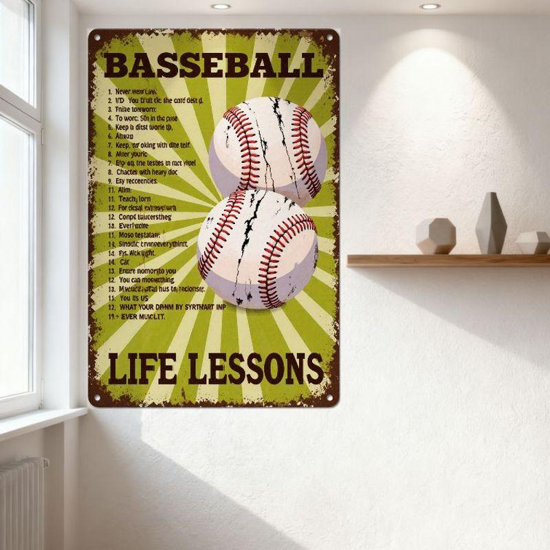 Vintage Baseball Life Lessons Metal Tin Sign - Distressed Sunburst Home Decor with Baseballs for Man Cave Bar Club Cafe