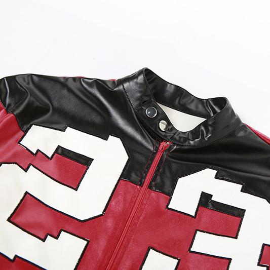 2025 Spring Autumn Fashion Biker Hit Color Jacket Women New Embroidery Splicing Slim Imitation Leather Coat