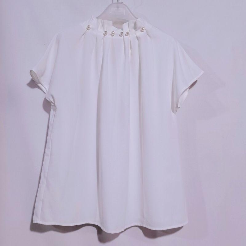 

Export Japanese Original Single Cut Label Pearl Buckle Stand Collar Pullover Chiffon Long Sleeves Shirt Women s Professional Commute Shirt Base White short sleeve M