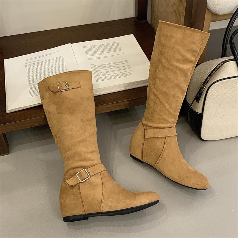 Mi Tingnei Height-increasing Pile Boots Women's Retro Western Belt Buckle High Boots Korean Versatile Flat Bottom Wide Boots