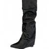 Vintage Black Pointed Folds Spice Girls High Heel Boots Women's Wedge Heel But Knee Straight Boots High Pants Boots