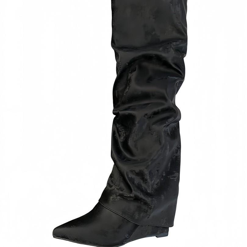 Vintage Black Pointed Folds Spice Girls High Heel Boots Women's Wedge Heel But Knee Straight Boots High Pants Boots
