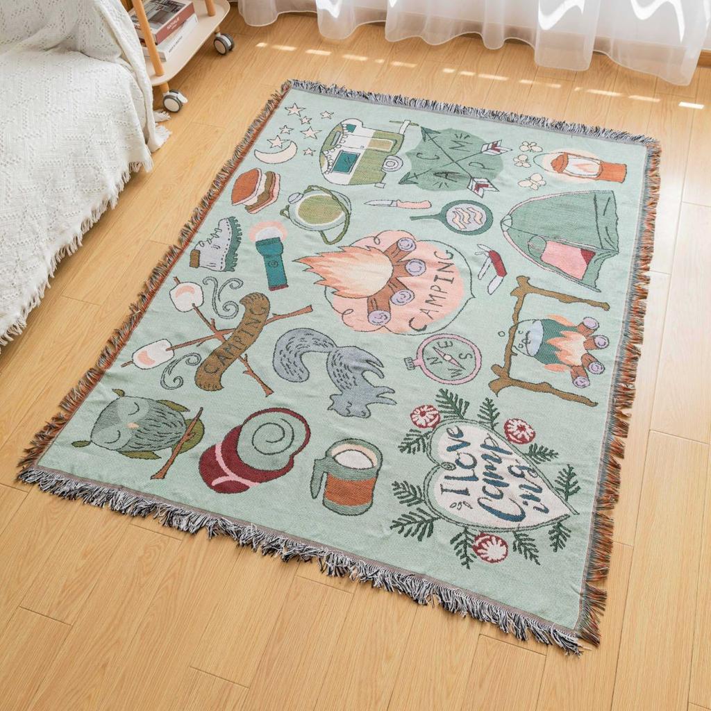 On Sale Torch Camping Decoration Gift Single Person Sofa Picnic Customization Blanket Tapestry with Colorful Tassels