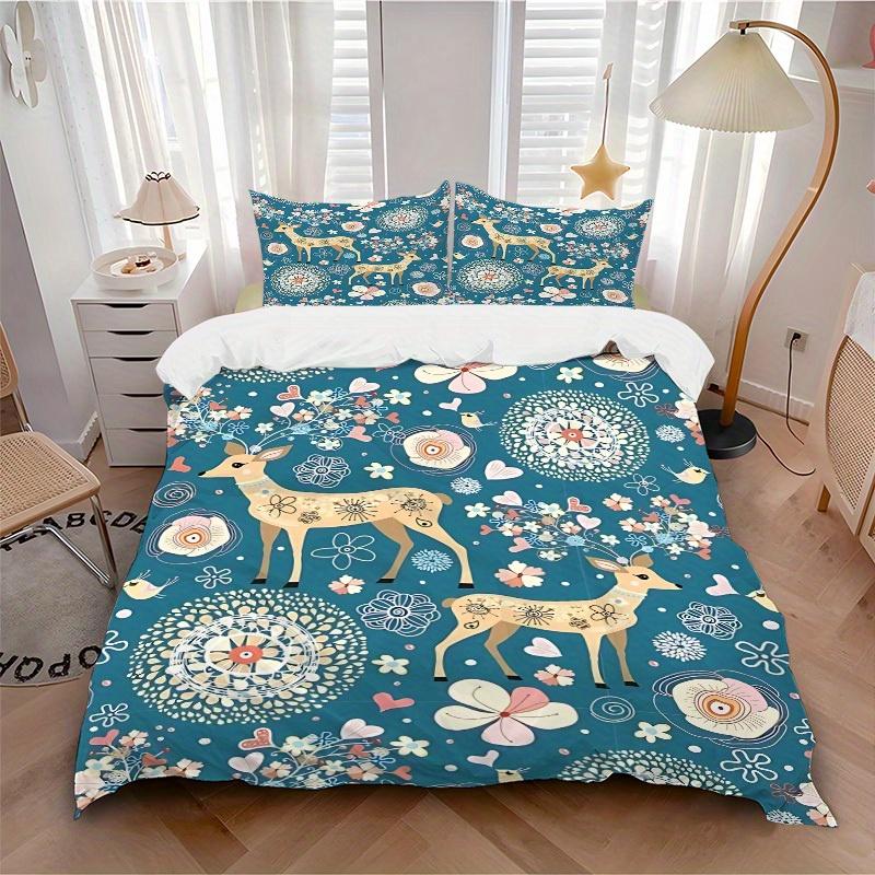 

3pcs Deer Floral Bedding Cover Set, Fashion Classic Popular Print Bedding Set, Soft Comfortable, All - Season Use, For Bedroom, Guest Room101 135x200cm
