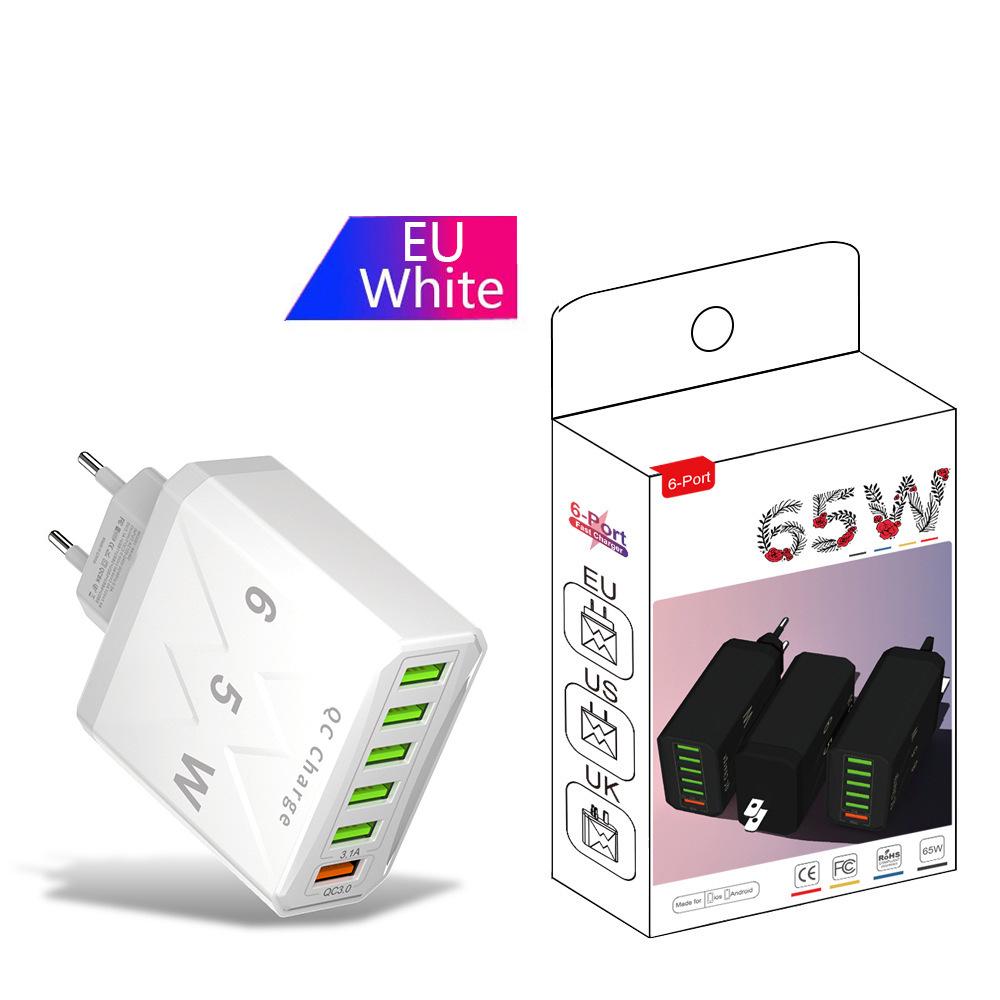 65W QC3.0 6-Port USB Fast Charger for Mobile Phones - US/EU/UK Standard